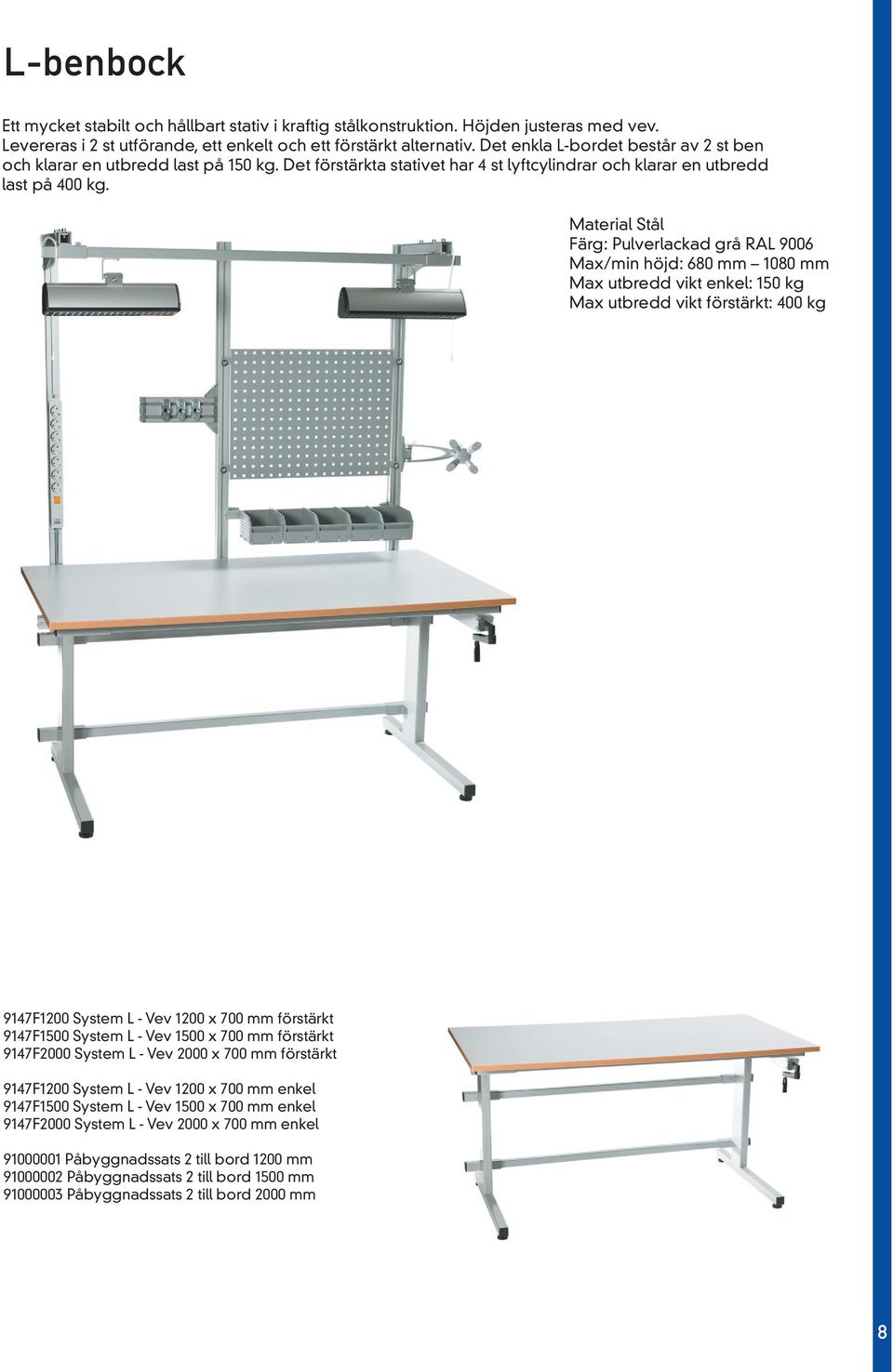 Material Stål Färg: Pulverlackad grå RAL 9006 Max/min höjd: 680 mm 1080 mm Max utbredd vikt enkel: 150 kg Max utbredd vikt förstärkt: 400 kg 9147F1200 System L - Vev 1200 x 700 mm förstärkt 9147F1500