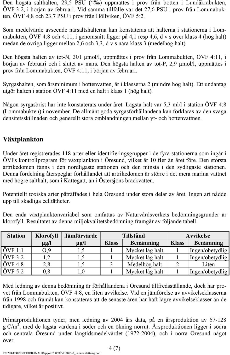 Som medelvärde avseende närsaltshalterna kan konstateras att halterna i stationerna i Lommabukten, ÖVF 4:8 och 4:11, i genomsnitt ligger på 4,1 resp 4,6, d v s över klass 4 (hög halt) medan de övriga