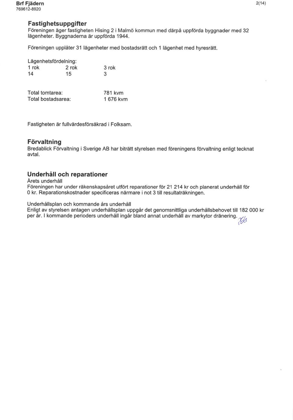 Lägenhetsfördelning: 1 rök 2 rök 14 15 3 rök 3 Total tomtarea: Total bostadsarea: 781 kvm 1 676 kvm Fastigheten är fullvärdesförsäkrad i Folksam.