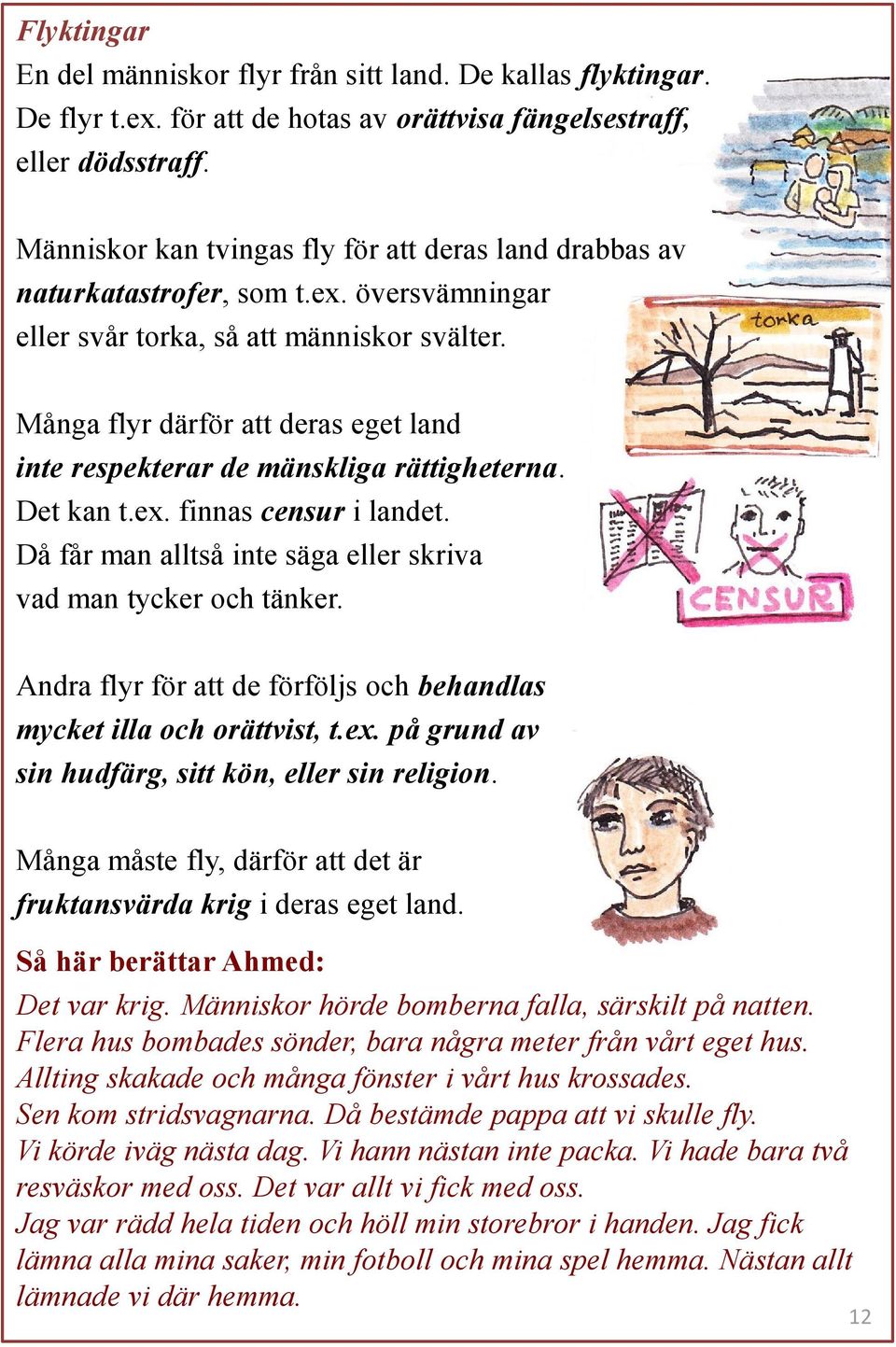 Många flyr därför att deras eget land inte respekterar de mänskliga rättigheterna. Det kan t.ex. finnas censur i landet. Då får man alltså inte säga eller skriva vad man tycker och tänker.