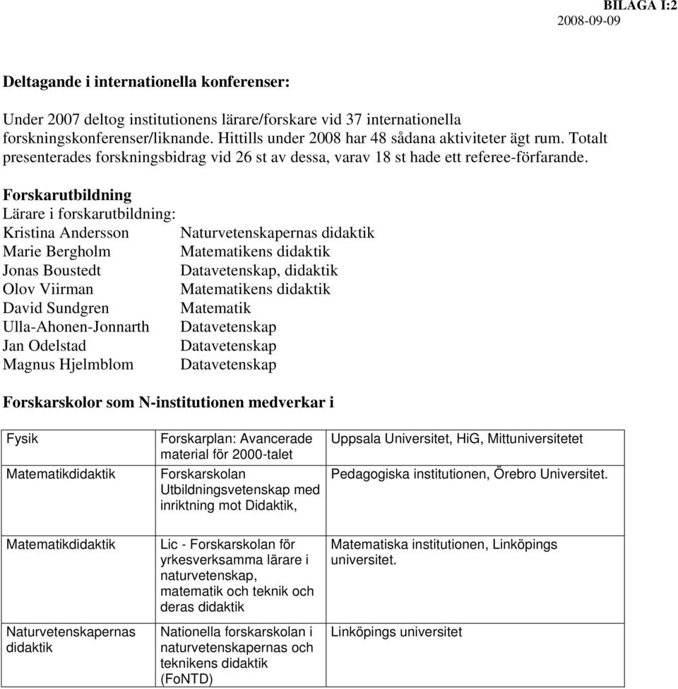 Forskarutbildning Lärare i forskarutbildning: Kristina Andersson Naturvetenskapernas didaktik Marie Bergholm Matematikens didaktik Jonas Boustedt Datavetenskap, didaktik Olov Viirman Matematikens