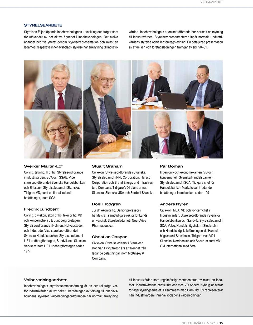 Innehavsbolagets styrelseordförande har normalt anknytning till Industrivärden. Styrelse representanterna ingår normalt i Industrivärdens styrelse och/eller företagsledning.