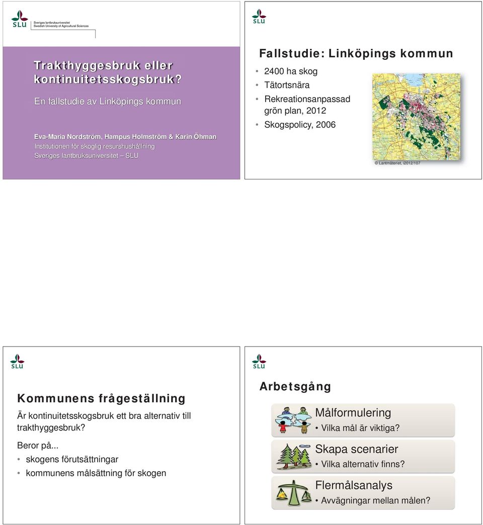 lantbruksuniversitet SLU Fallstudie: Linköpings kommun 24 ha skog Tätortsnära Rekreationsanpassad grön plan, 212 Skogspolicy, 26 Lantmäteriet, i212/17