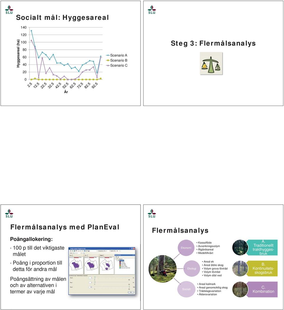 mål Flermålsanalys Ekonomi Socialt Ekologi Kassaflöde Avverkningsvolym Åtgärdsareal Medeltillväxt Areal ek Areal äldre skog Volym grova lövträd Volym