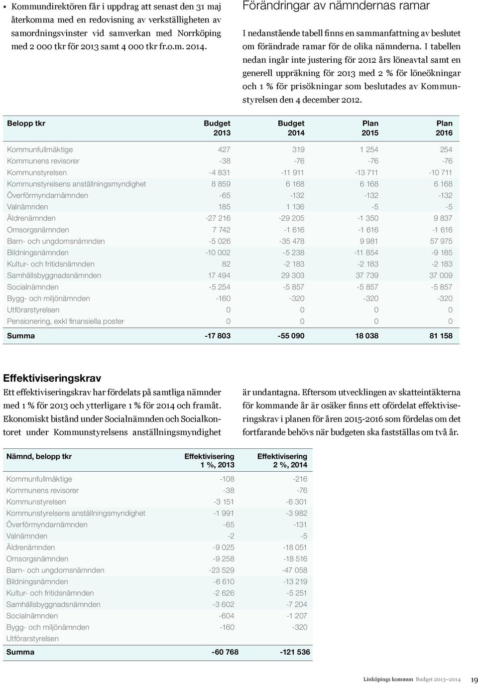 I tabellen nedan ingår inte justering för 2012 års löneavtal samt en generell uppräkning för 2013 med 2 % för löneökningar och 1 % för prisökningar som beslutades av Kommunstyrelsen den 4 december