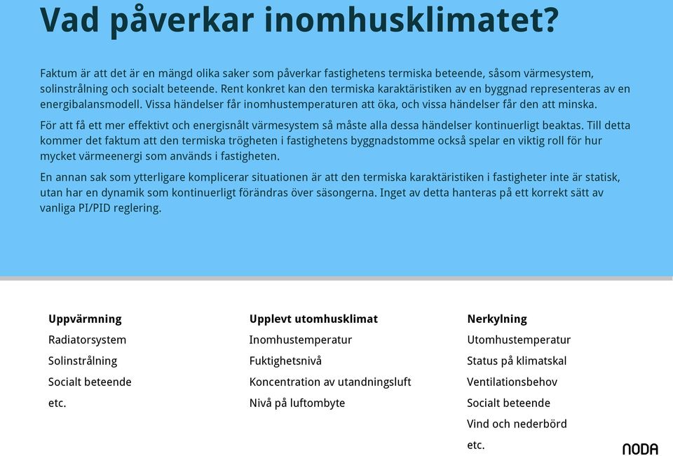 För att få ett mer effektivt och energisnålt värmesystem så måste alla dessa händelser kontinuerligt beaktas.