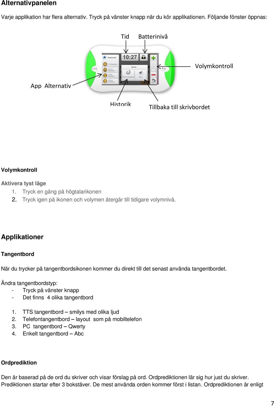 Tryck igen på ikonen och volymen återgår till tidigare volymnivå. Applikationer Tangentbord När du trycker på tangentbordsikonen kommer du direkt till det senast använda tangentbordet.