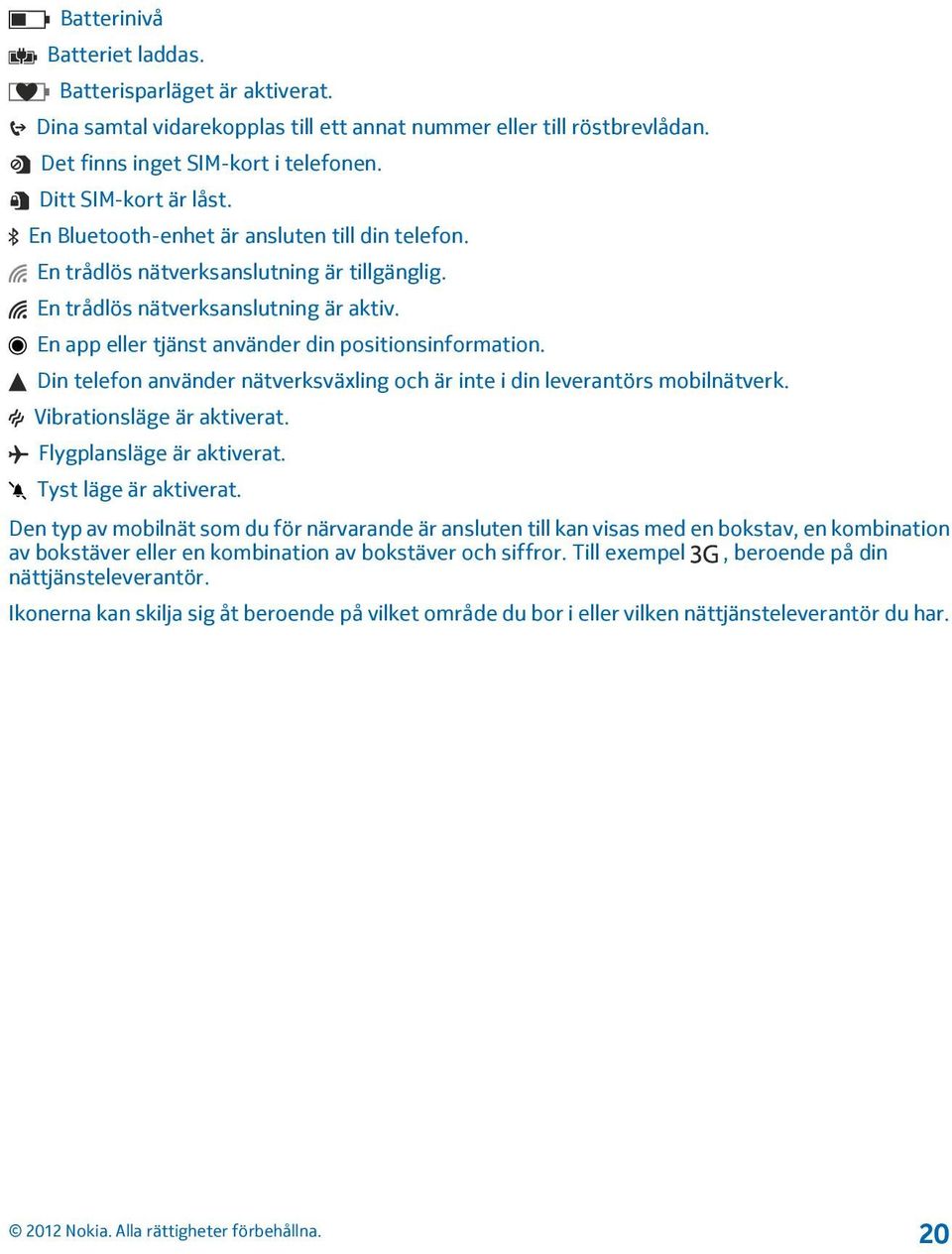 Din telefon använder nätverksväxling och är inte i din leverantörs mobilnätverk. Vibrationsläge är aktiverat. Flygplansläge är aktiverat. Tyst läge är aktiverat.