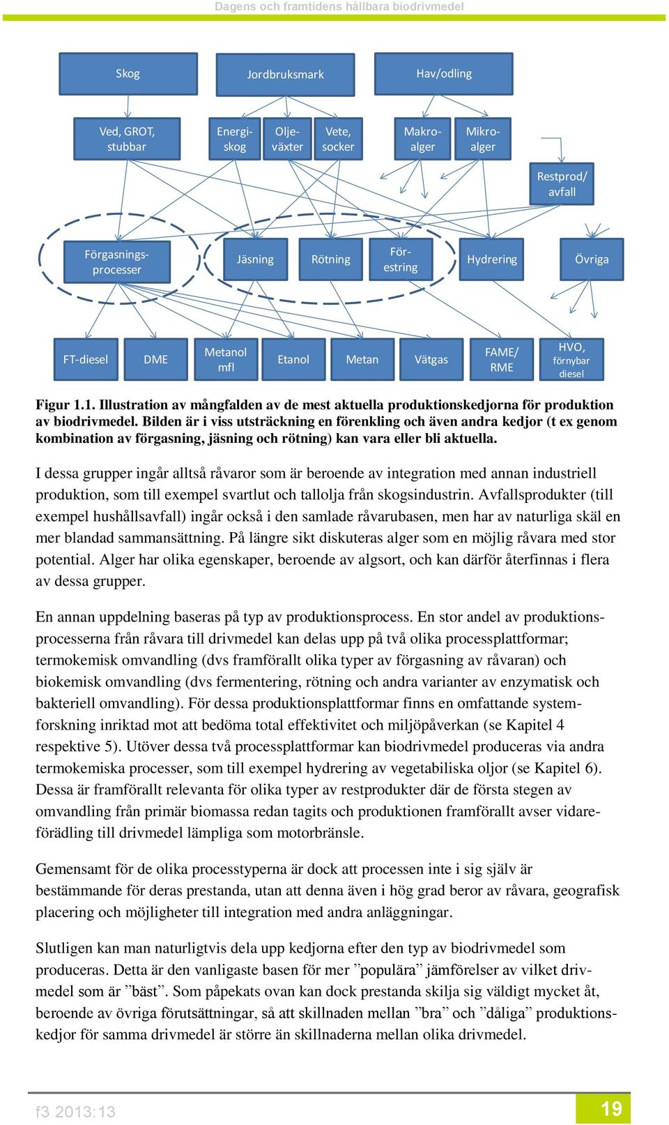 Bilden är i viss utsträckning en förenkling och även andra kedjor (t ex genom kombination av förgasning, jäsning och rötning) kan vara eller bli aktuella.