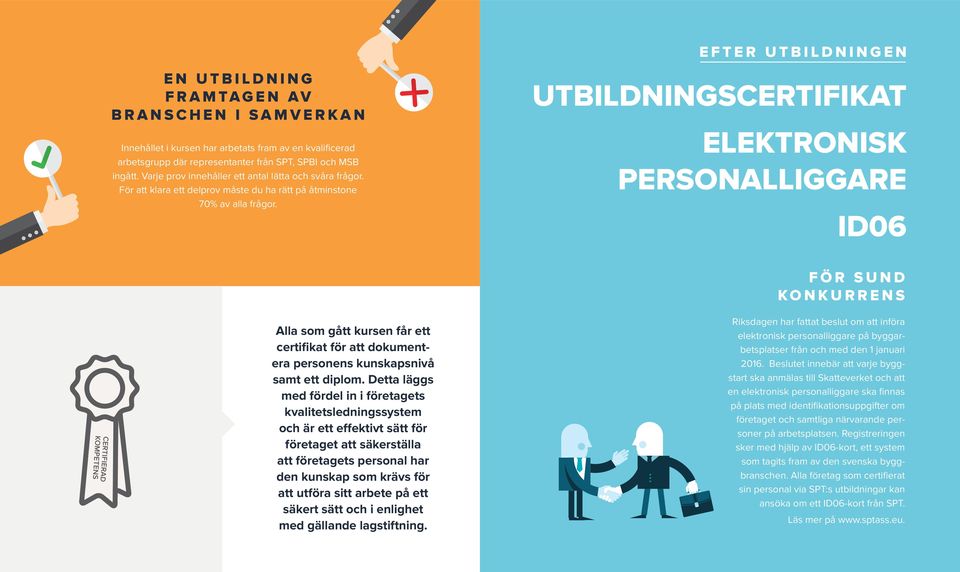 EFTER UTBILDNINGEN UTBILDNINGSCERTIFIKAT ELEKTRONISK PERSONALLIGGARE ID06 CERTIFIERAD KOMPETENS Alla som gått kursen får ett certifikat för att dokumentera personens kunskapsnivå samt ett diplom.