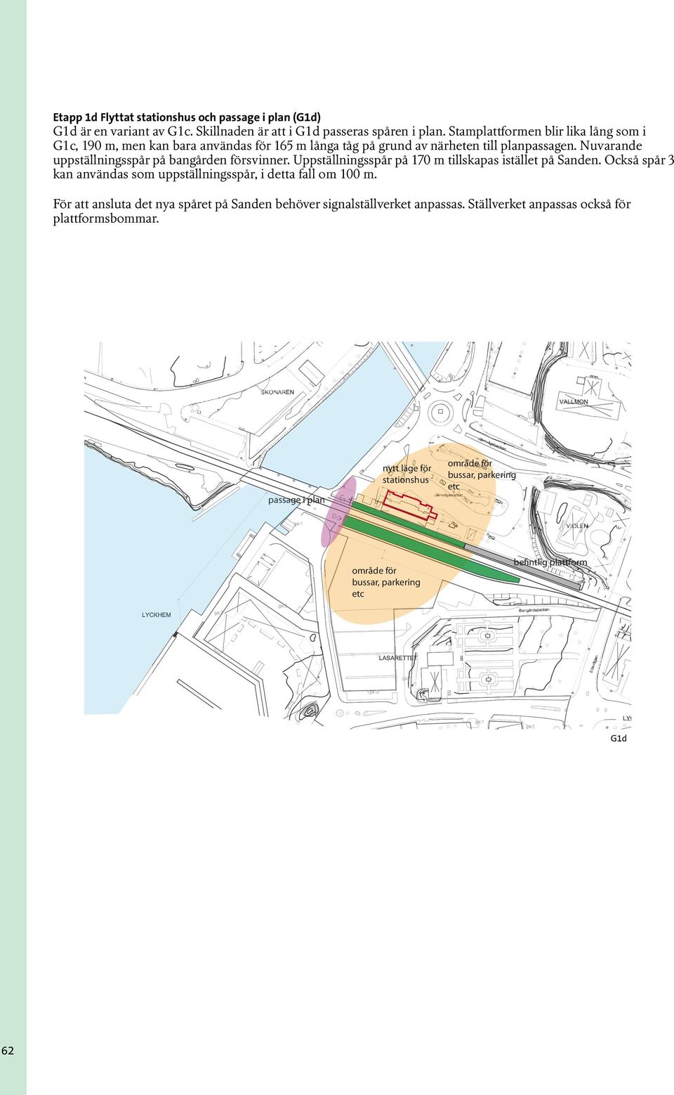 Nuvarande uppställningsspår på bangården försvinner. Uppställningsspår på 170 m tillskapas istället på Sanden.