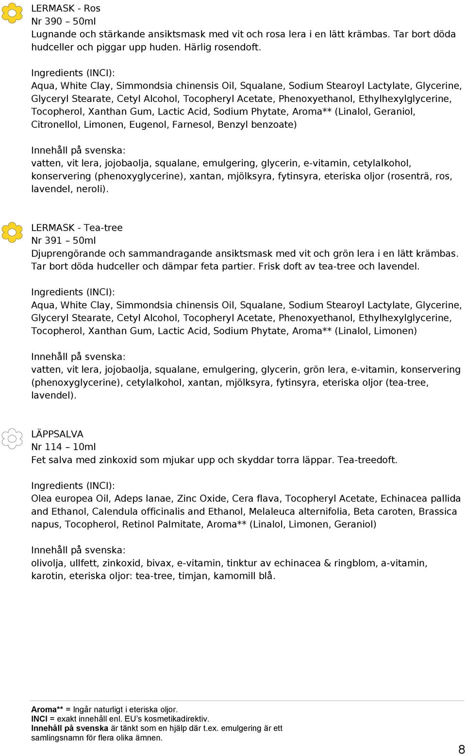 Xanthan Gum, Lactic Acid, Sodium Phytate, Aroma** (Linalol, Geraniol, Citronellol, Limonen, Eugenol, Farnesol, Benzyl benzoate) vatten, vit lera, jojobaolja, squalane, emulgering, glycerin,