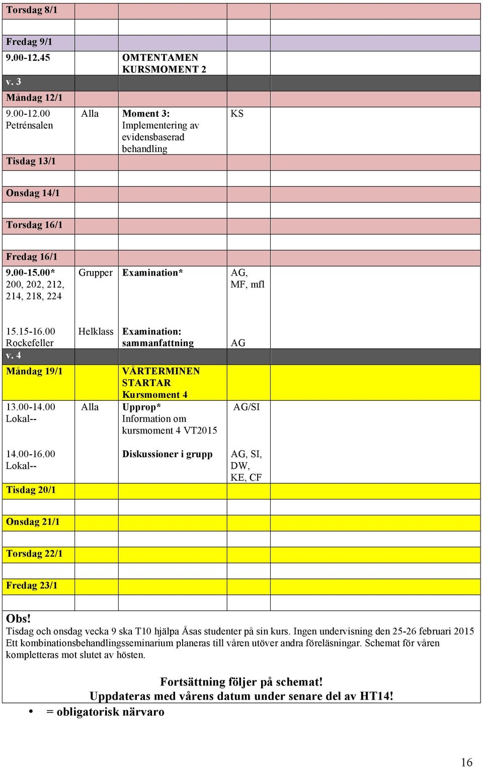 00 Lokal-- Helklass Alla Examination: sammanfattning VÅRTERMINEN STARTAR Kursmoment 4 Upprop* Information om kursmoment 4 VT2015 AG AG/SI 14.00-16.