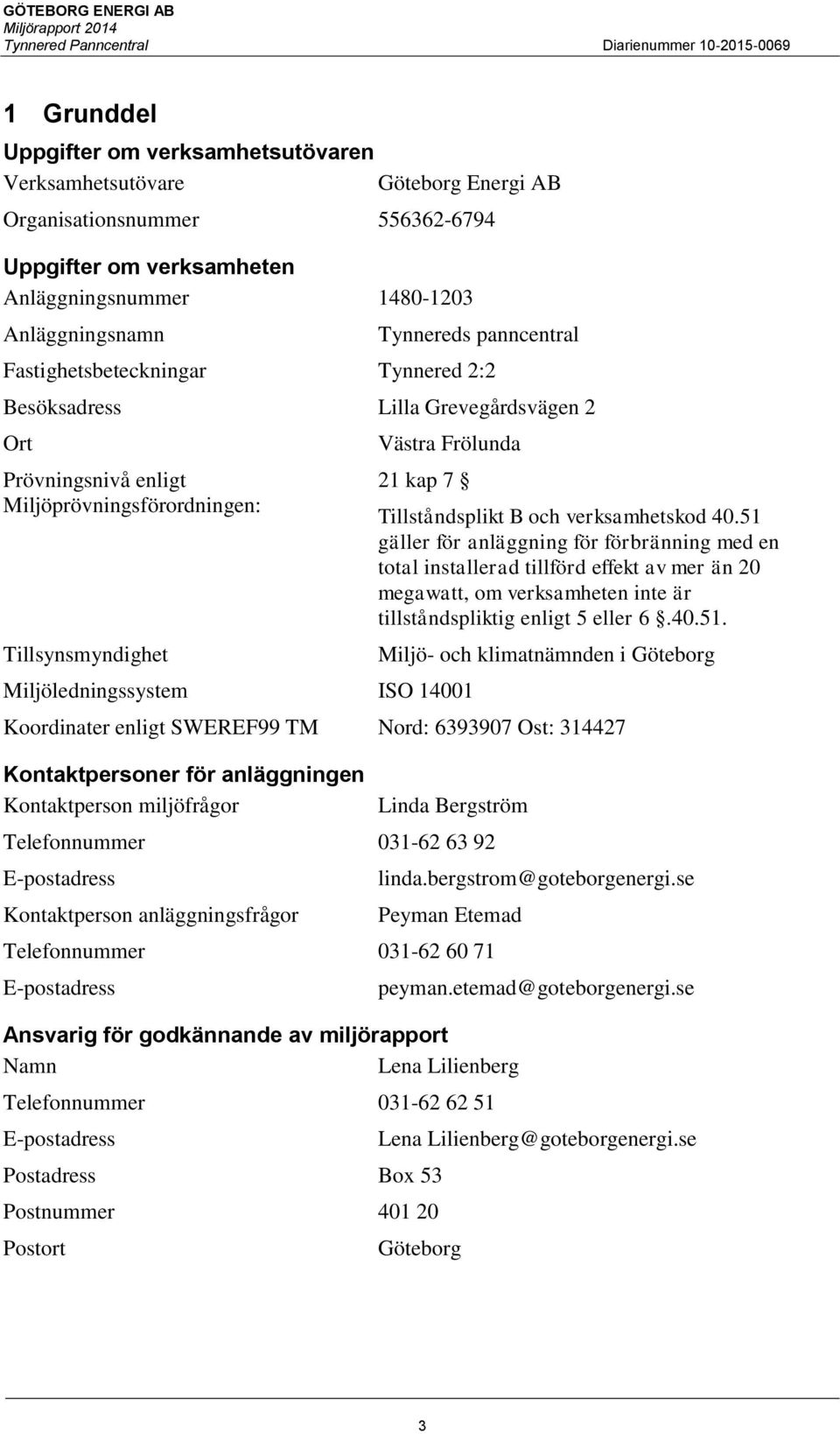 Miljöledningssystem ISO 14001 Tillståndsplikt B och verksamhetskod 40.