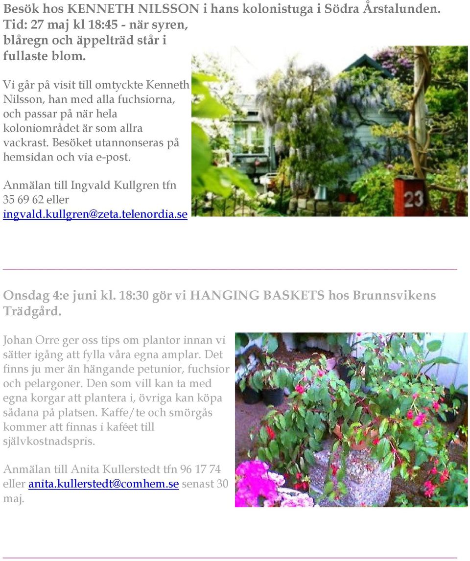 Anmälan till Ingvald Kullgren tfn 35 69 62 eller ingvald.kullgren@zeta.telenordia.se Onsdag 4:e juni kl. 18:30 gör vi HANGING BASKETS hos Brunnsvikens Trädgård.