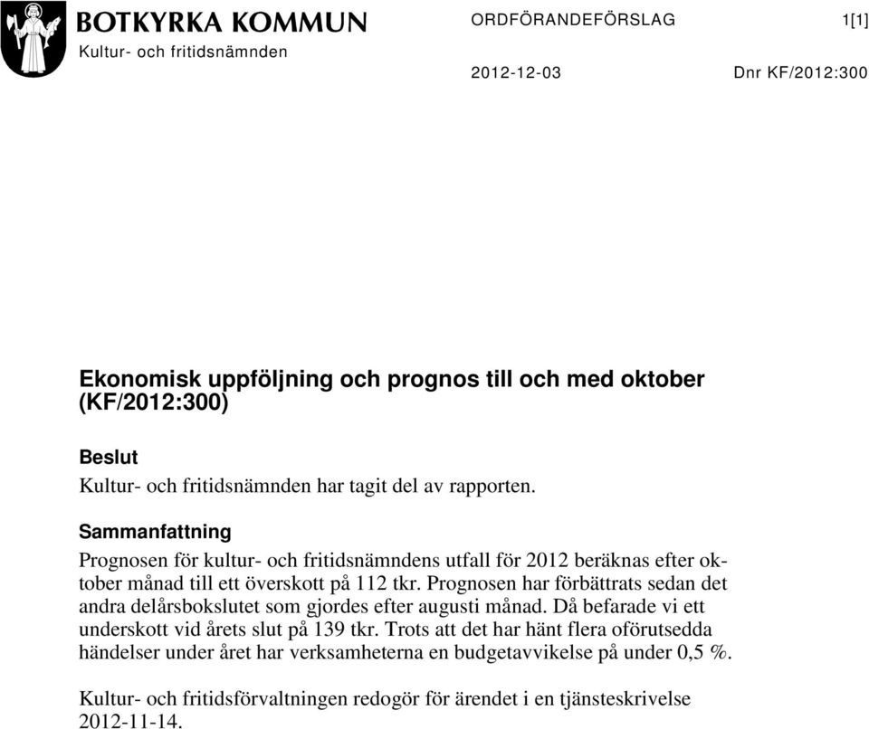 Sammanfattning Prognosen för kultur- och fritidsnämndens utfall för 2012 beräknas efter oktober månad till ett överskott på 112 tkr.