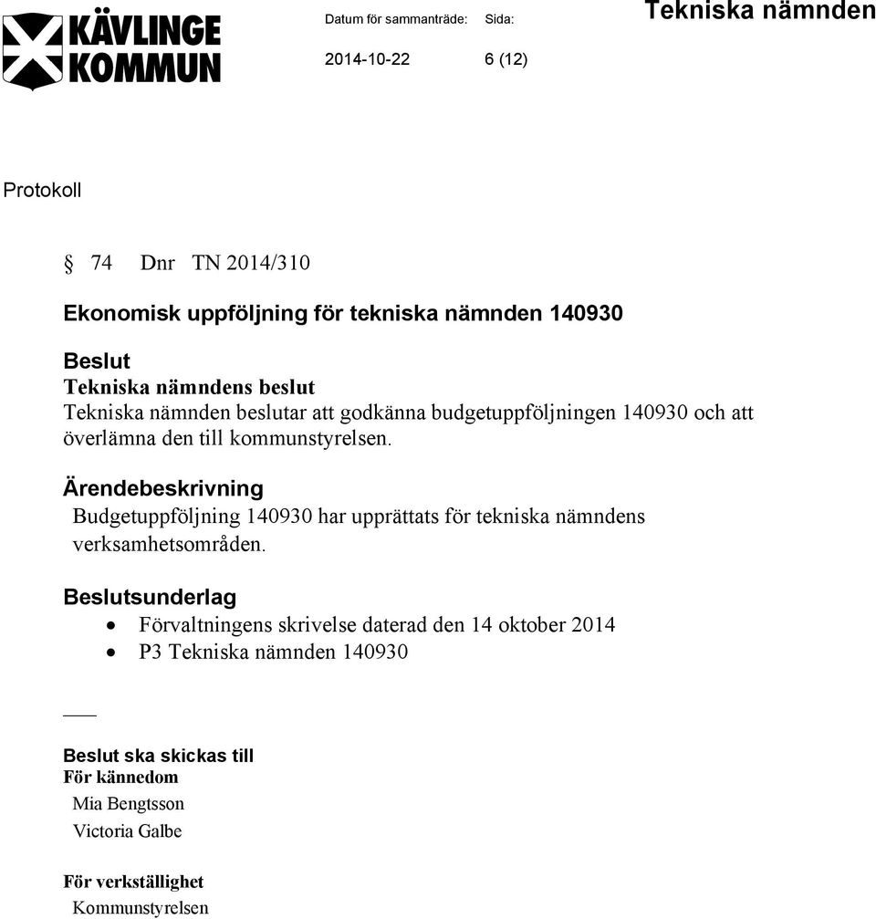 Budgetuppföljning 140930 har upprättats för tekniska nämndens verksamhetsområden.