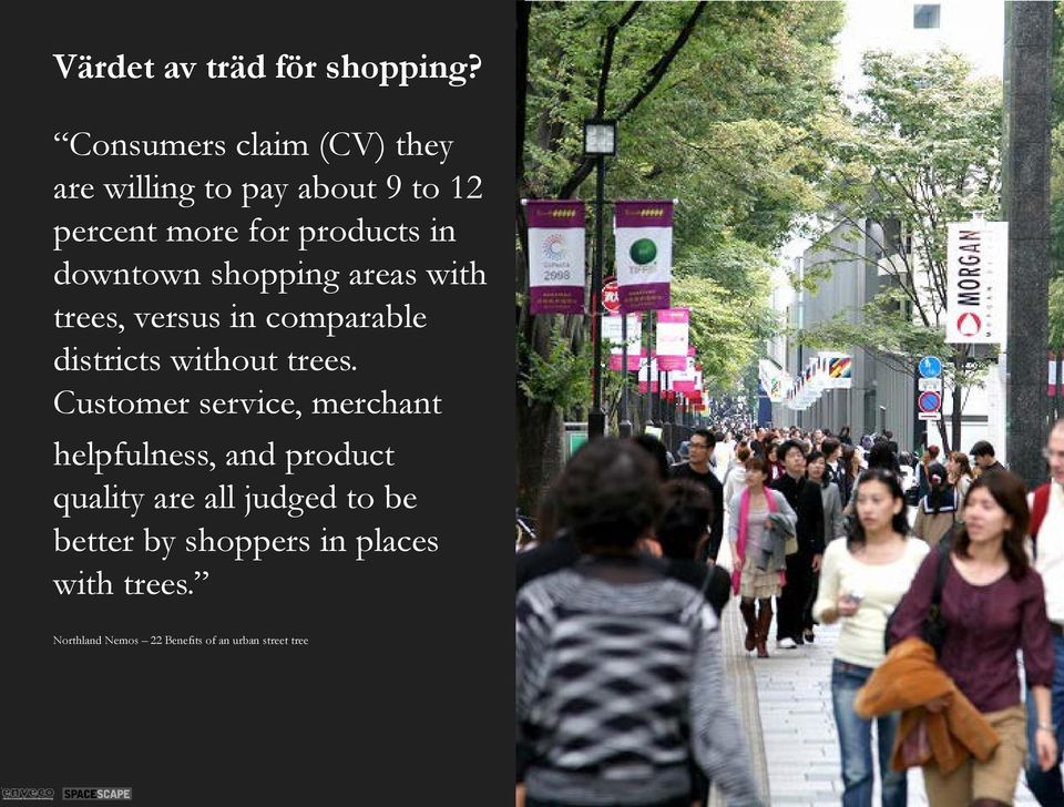 downtown shopping areas with trees, versus in comparable districts without trees.
