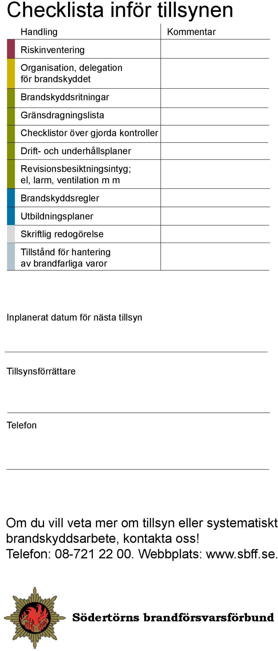 Skriftlig redogörelse Tillstånd för hantering av brandfarliga varor Kommentar Inplanerat datum för nästa tillsyn Tillsynsförrättare Telefon Om du