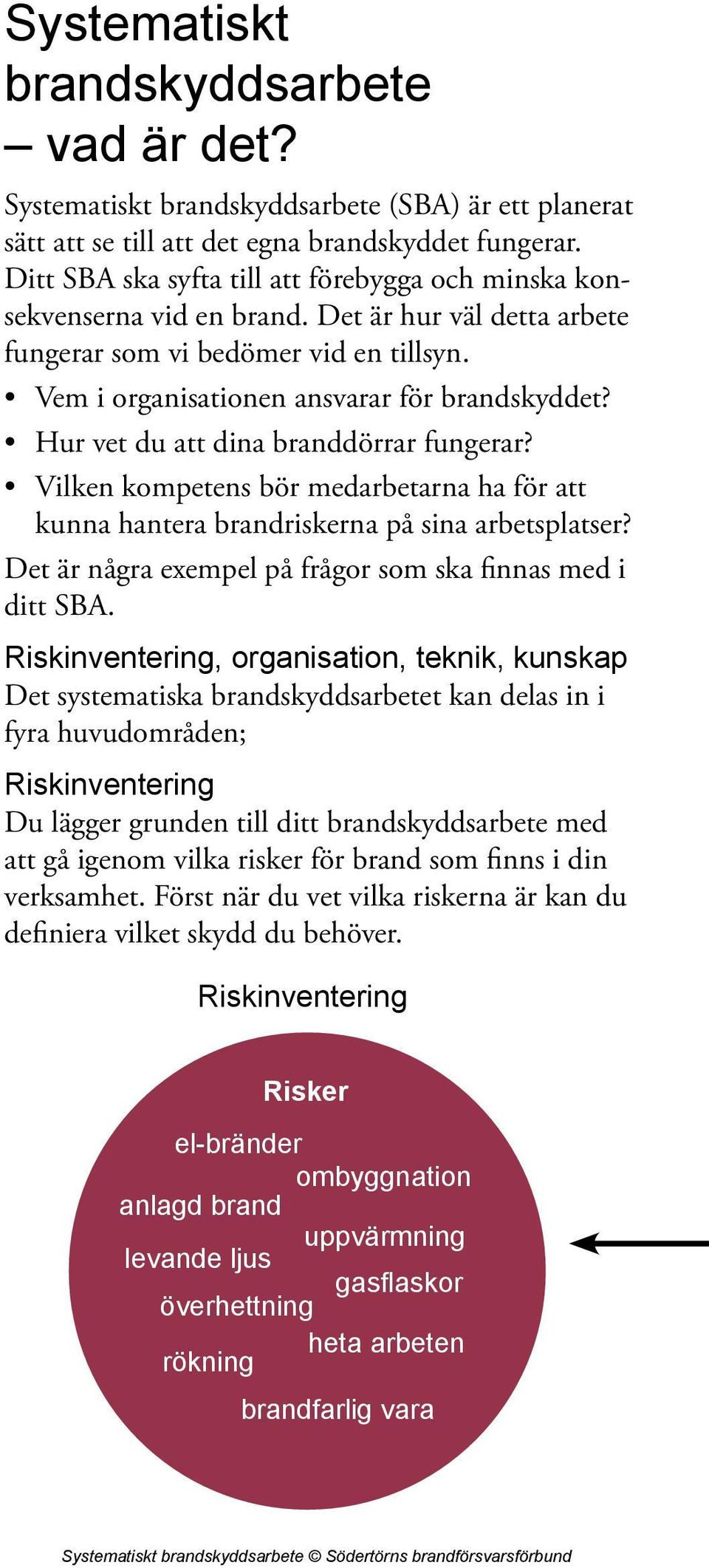 Hur vet du att dina branddörrar fungerar? Vilken kompetens bör medarbetarna ha för att kunna hantera brandriskerna på sina arbetsplatser? Det är några exempel på frågor som ska finnas med i ditt SBA.