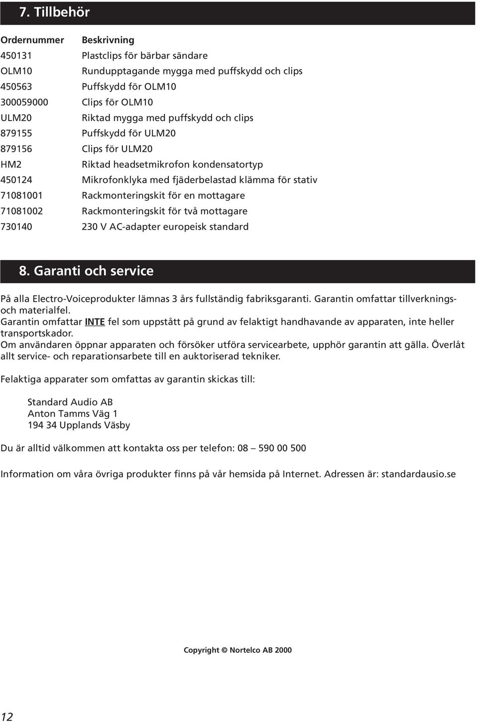 Rackmonteringskit för en mottagare 71081002 Rackmonteringskit för två mottagare 730140 230 V AC-adapter europeisk standard 8.