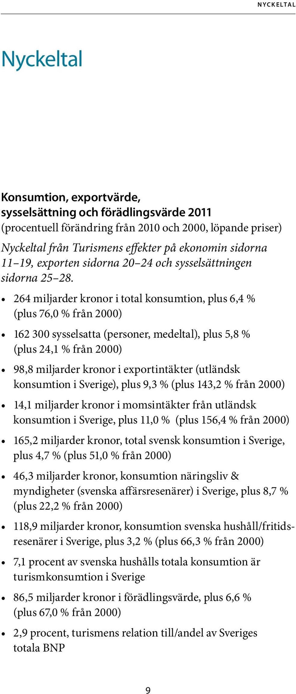 264 miljarder kronor i total konsumtion, plus 6,4 % (plus 76,0 % från 2000) 162 300 sysselsatta (personer, medeltal), plus 5,8 % (plus 24,1 % från 2000) 98,8 miljarder kronor i exportintäkter