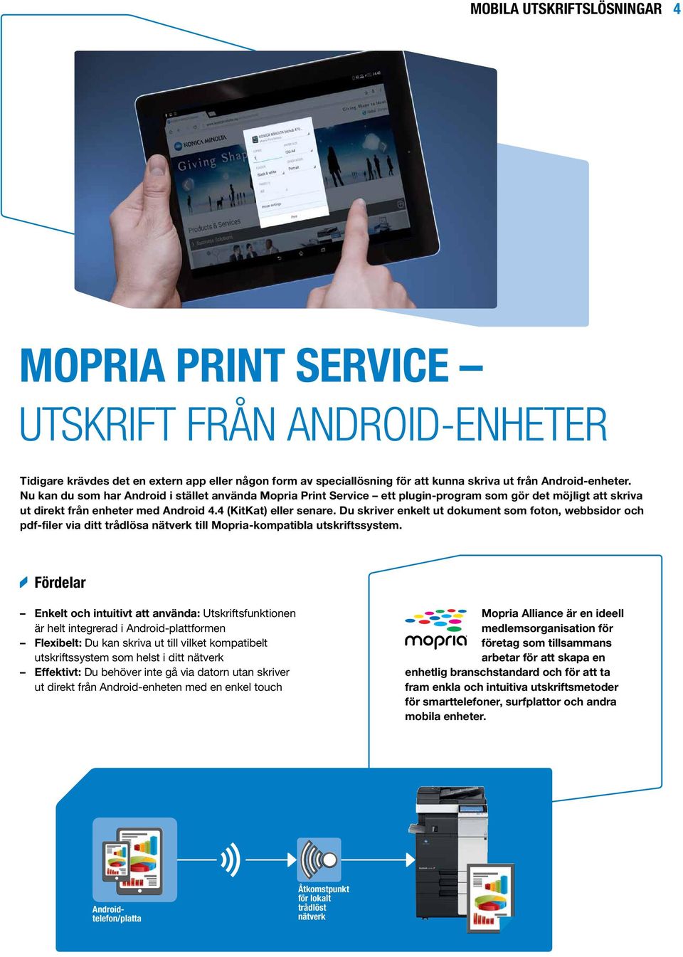 Du skriver enkelt ut dokument som foton, webbsidor och pdf-filer via ditt trådlösa nätverk till Mopria-kompatibla utskriftssystem.