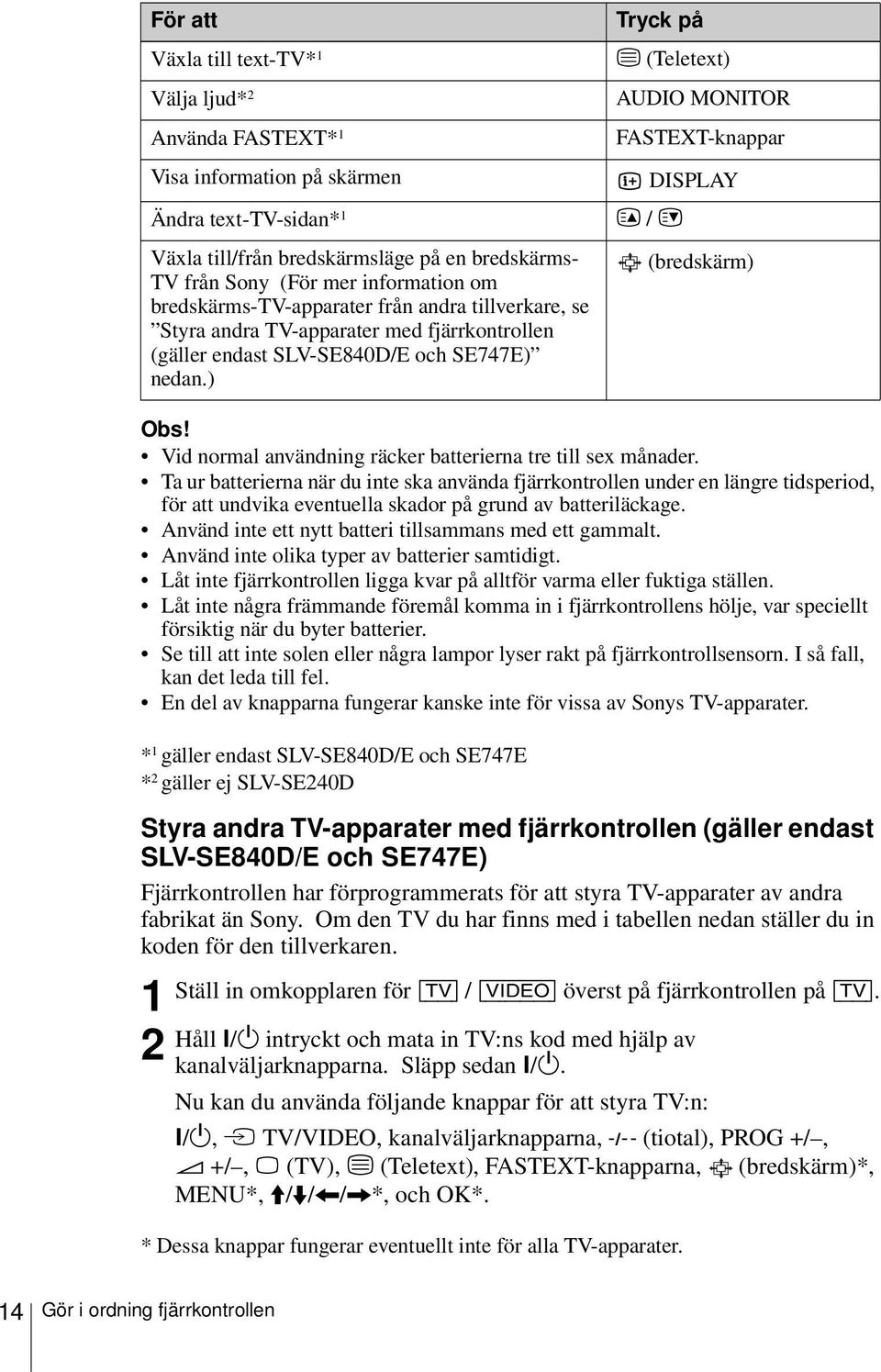 SLV-SE840D/E och SE747E) nedan.) Obs! Vid normal användning räcker batterierna tre till sex månader.
