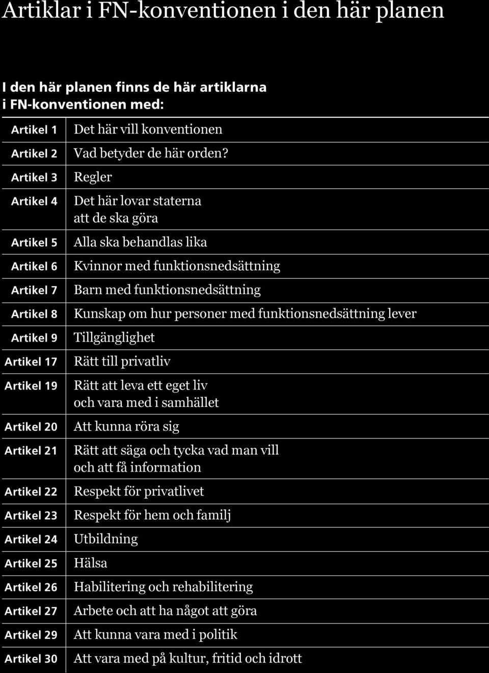 Regler Det här lovar staterna att de ska göra Alla ska behandlas lika Kvinnor med funktionsnedsättning Barn med funktionsnedsättning Kunskap om hur personer med funktionsnedsättning lever