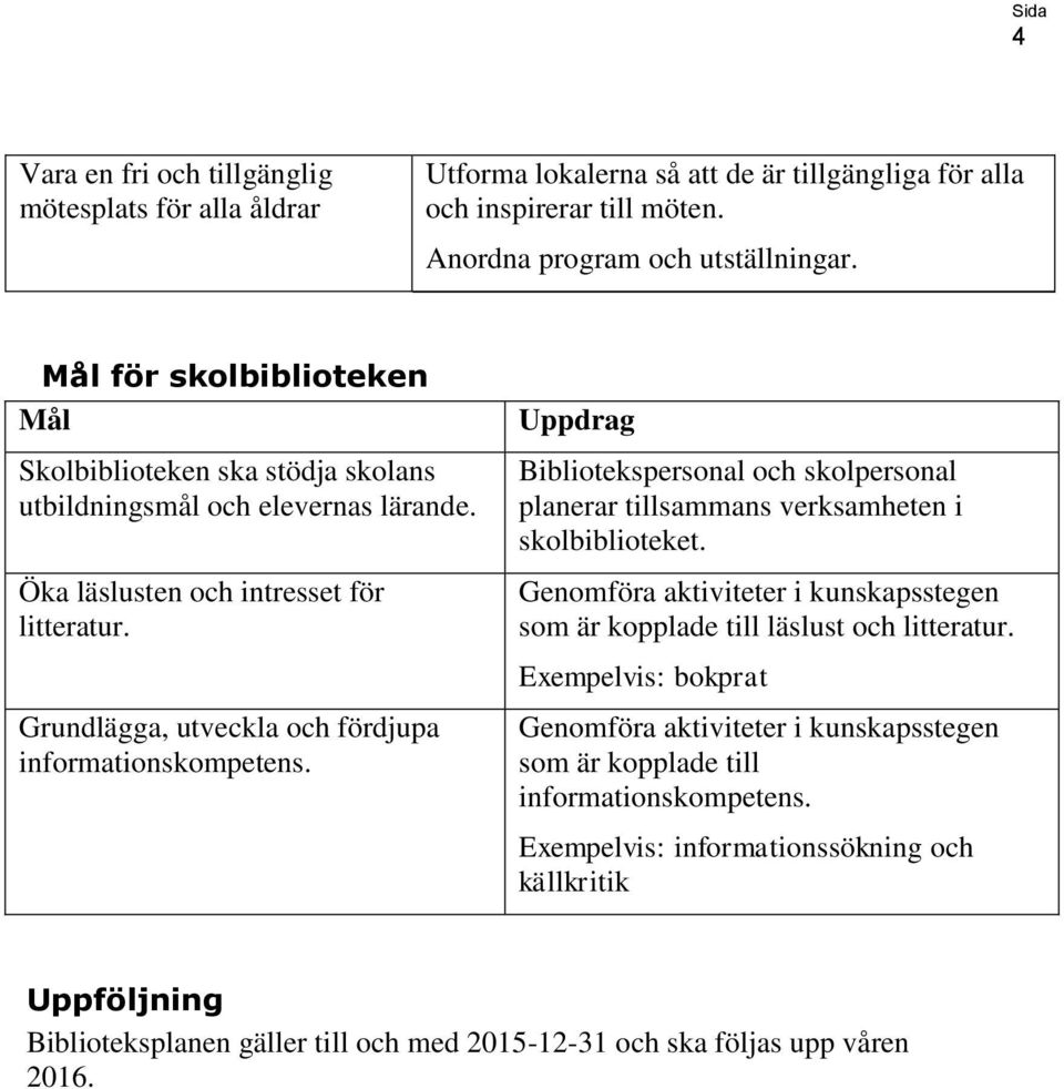 Grundlägga, utveckla och fördjupa informationskompetens. Uppdrag Bibliotekspersonal och skolpersonal planerar tillsammans verksamheten i skolbiblioteket.