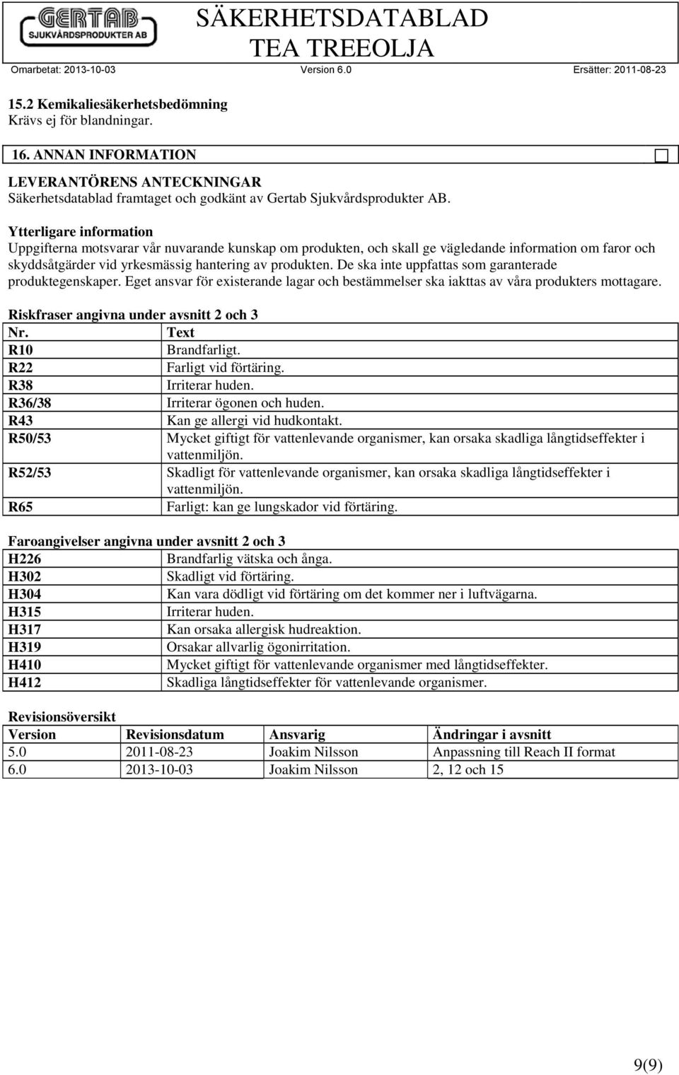 De ska inte uppfattas som garanterade produktegenskaper. Eget ansvar för existerande lagar och bestämmelser ska iakttas av våra produkters mottagare. Riskfraser angivna under avsnitt 2 och 3 Nr.