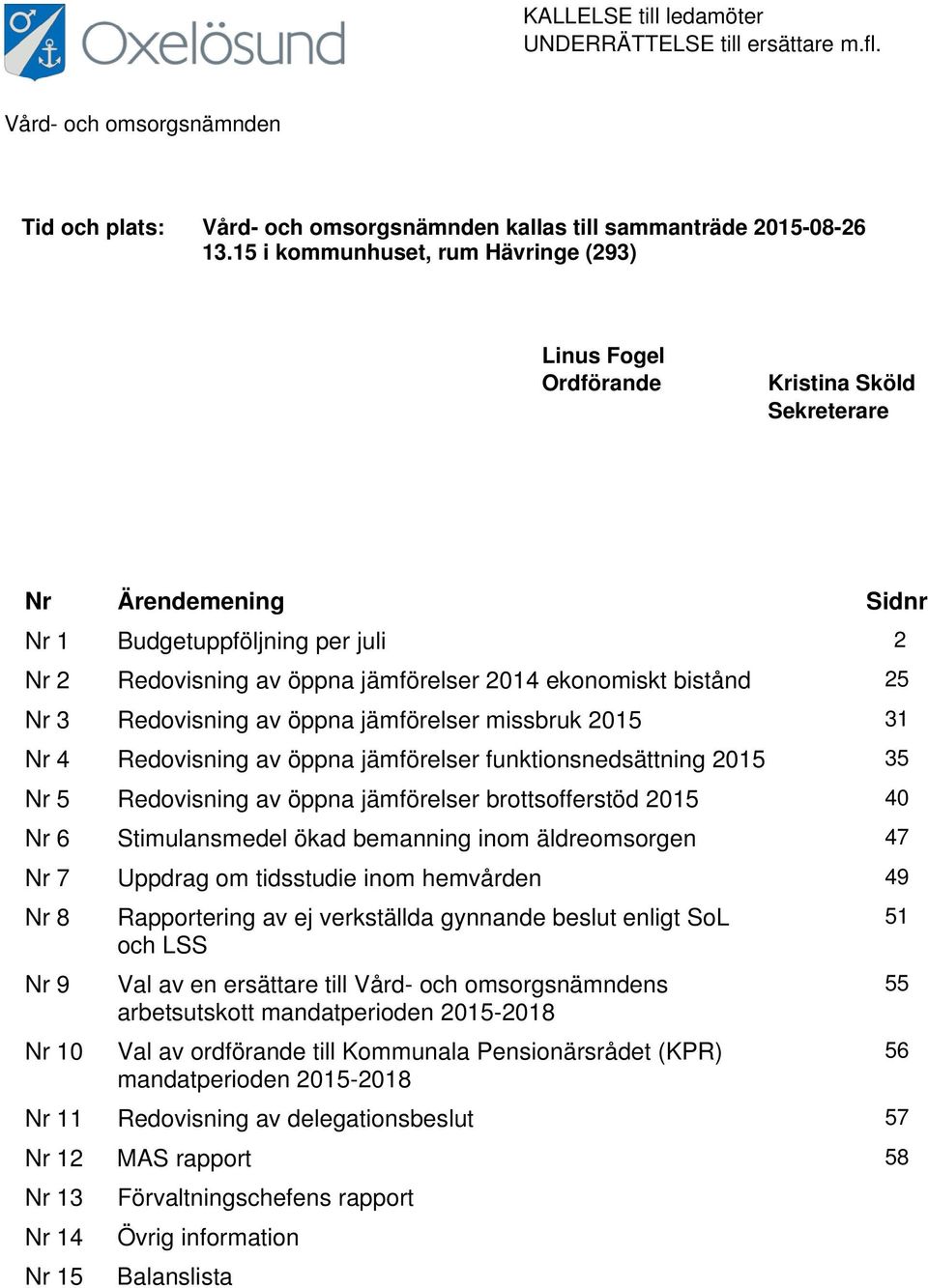 bistånd 25 Nr 3 Redovisning av öppna jämförelser missbruk 2015 31 Nr 4 Redovisning av öppna jämförelser funktionsnedsättning 2015 35 Nr 5 Redovisning av öppna jämförelser brottsofferstöd 2015 40 Nr 6