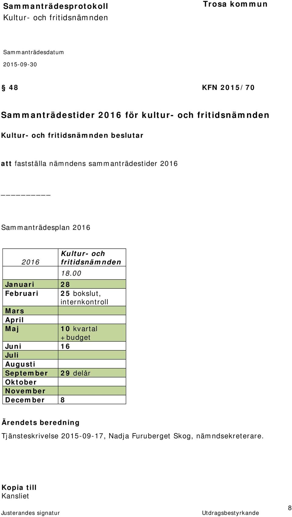 00 Januari 28 Februari 25 bokslut, internkontroll Mars April Maj 10 kvartal +budget Juni 16 Juli Augusti