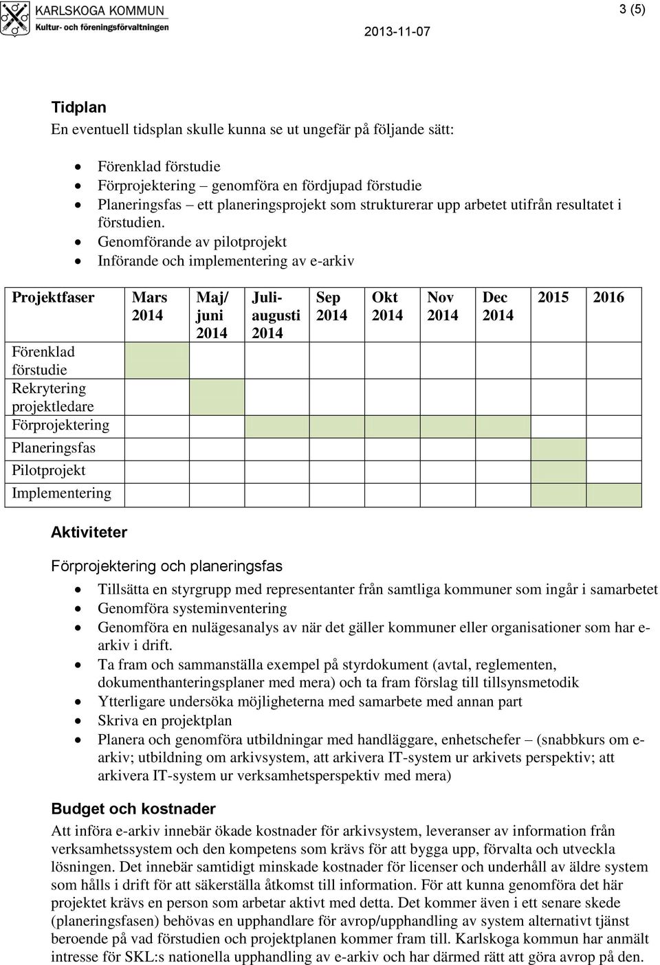 Genomförande av pilotprojekt Införande och implementering av e-arkiv Projektfaser Förenklad förstudie Rekrytering projektledare Förprojektering Planeringsfas Pilotprojekt Implementering Mars Maj/