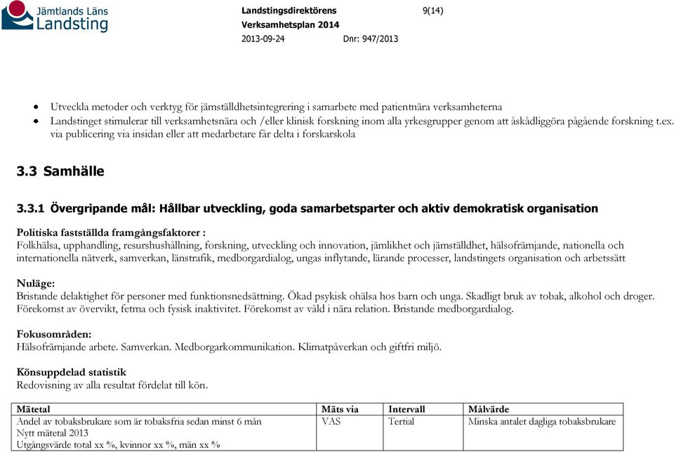 3 Samhälle 3.3.1 Övergripande mål: Hållbar utveckling, goda samarbetsparter och aktiv demokratisk organisation Politiska fastställda framgångsfaktorer : Folkhälsa, upphandling, resurshushållning,
