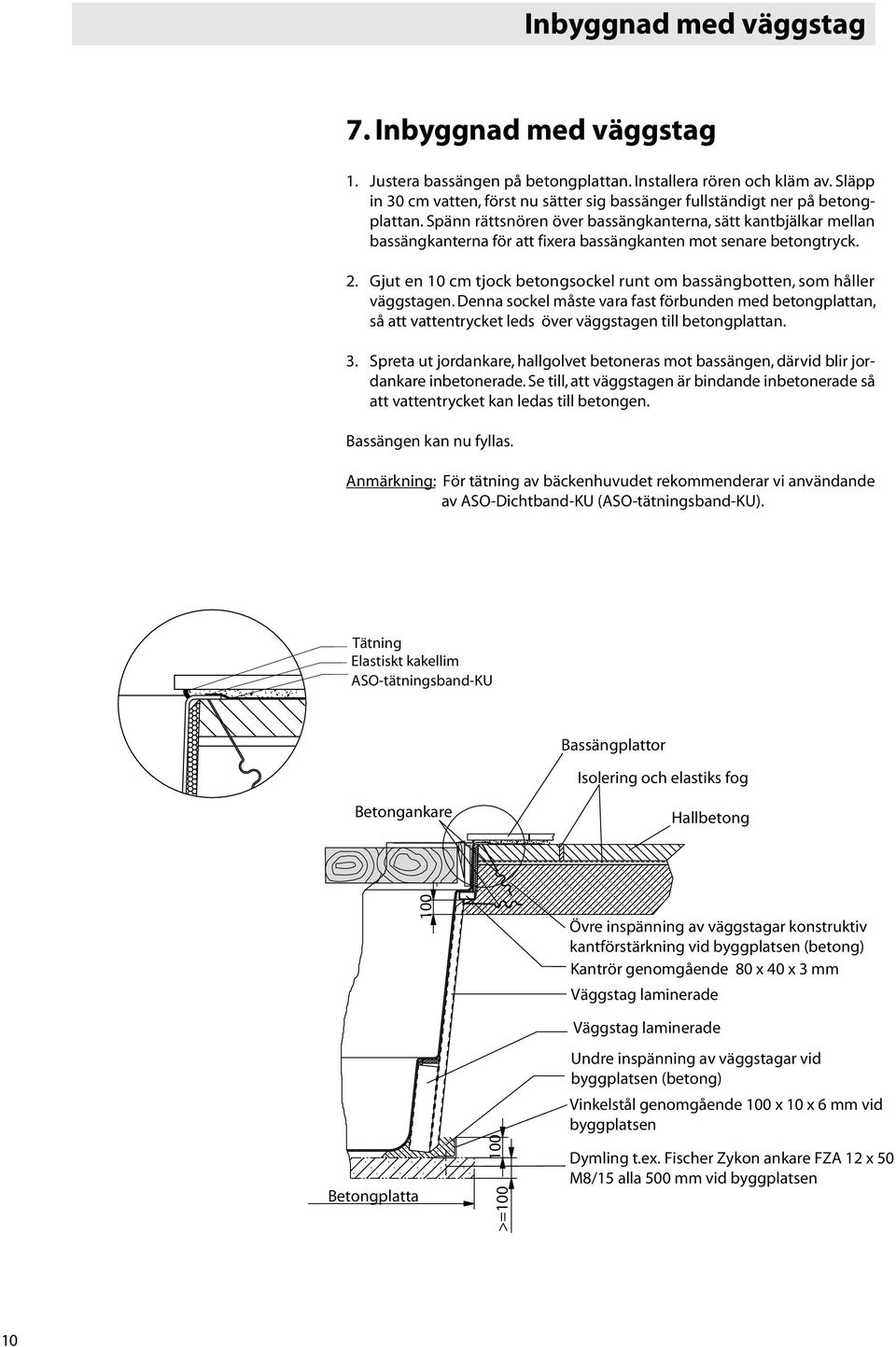 Spänn rättsnören över bassängkanterna, sätt kantbjälkar mellan bassängkanterna för att fixera bassängkanten mot senare betongtryck.