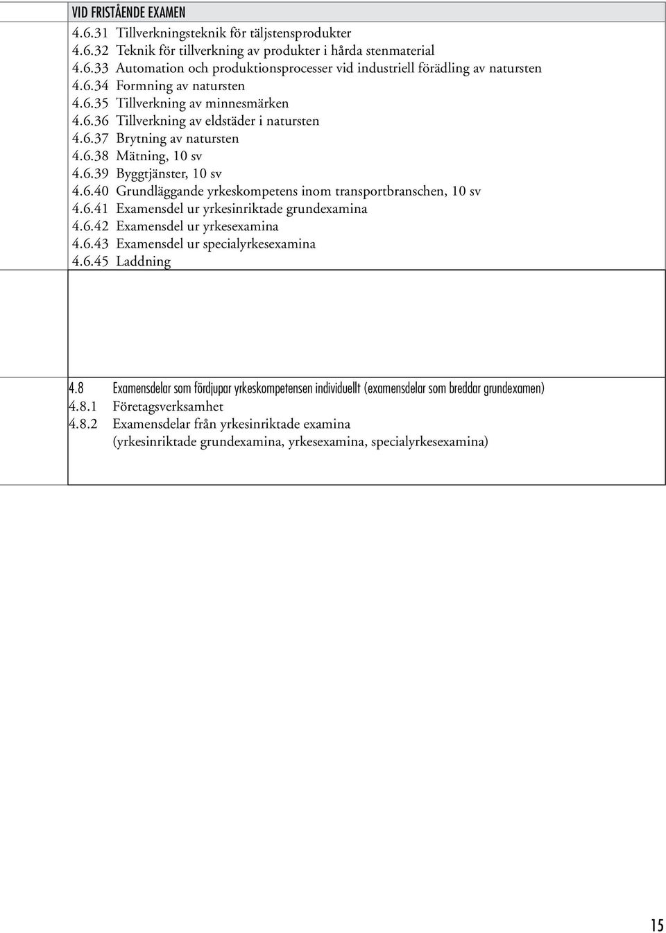 6.41 Examensdel ur yrkesinriktade grundexamina 4.6.42 Examensdel ur yrkesexamina 4.6.43 Examensdel ur specialyrkesexamina 4.6.45 Laddning 4.