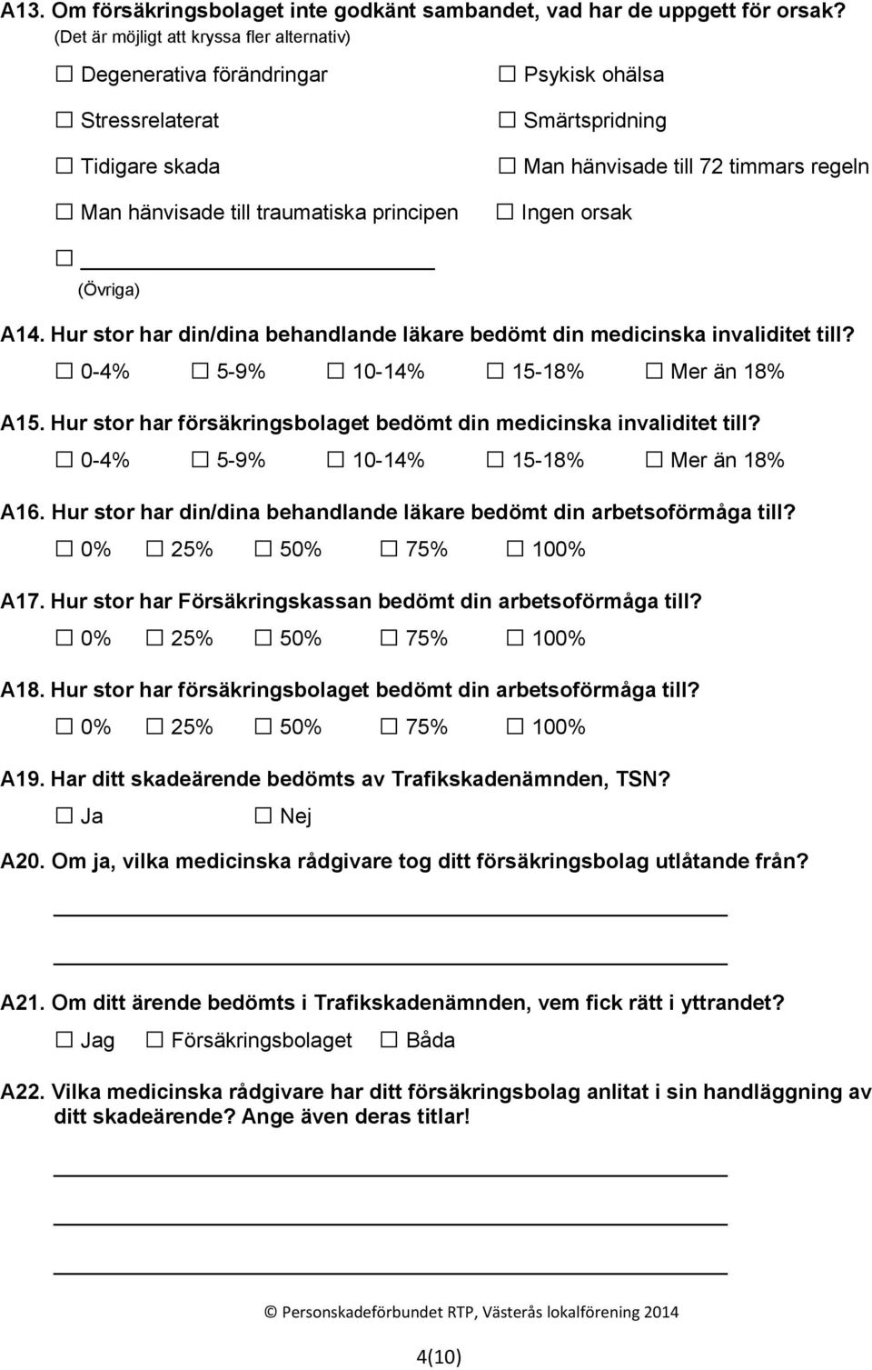 timmars regeln Ingen orsak (Övriga) A14. Hur stor har din/dina behandlande läkare bedömt din medicinska invaliditet till? 0-4% 5-9% 10-14% 15-18% Mer än 18% A15.