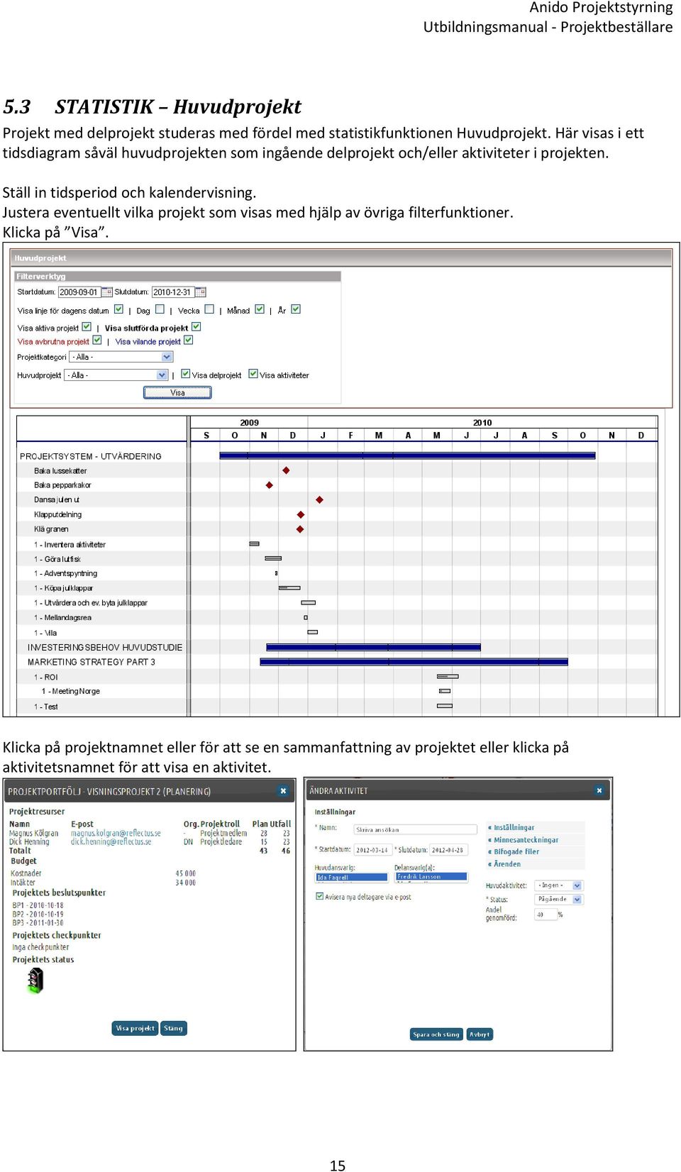 Ställ in tidsperiod och kalendervisning. Justera eventuellt vilka projekt som visas med hjälp av övriga filterfunktioner.