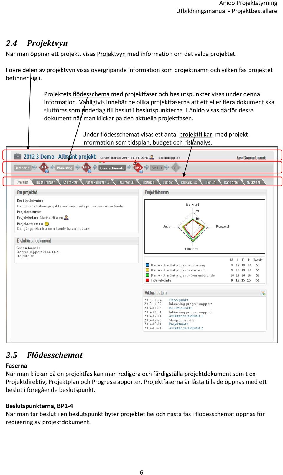 Projektets flödesschema med projektfaser och beslutspunkter visas under denna information.