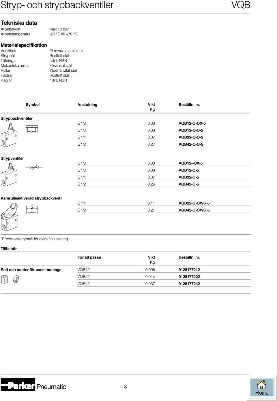 Kg Strypbackventiler G1/8 0,03 VQB1-Q-OX-5 G1/8 0,03 VQB1-Q-O-5 G1/ 0,07 VQB-Q-O-5 G1/ 0,7 VQB-Q-O-5 Strypventiler G1/8 0,03 VQB1--OX-5 G1/8 0,03 VQB1-O-5 G1/ 0,07 VQB-O-5 G1/ 0,6 VQB-O-5