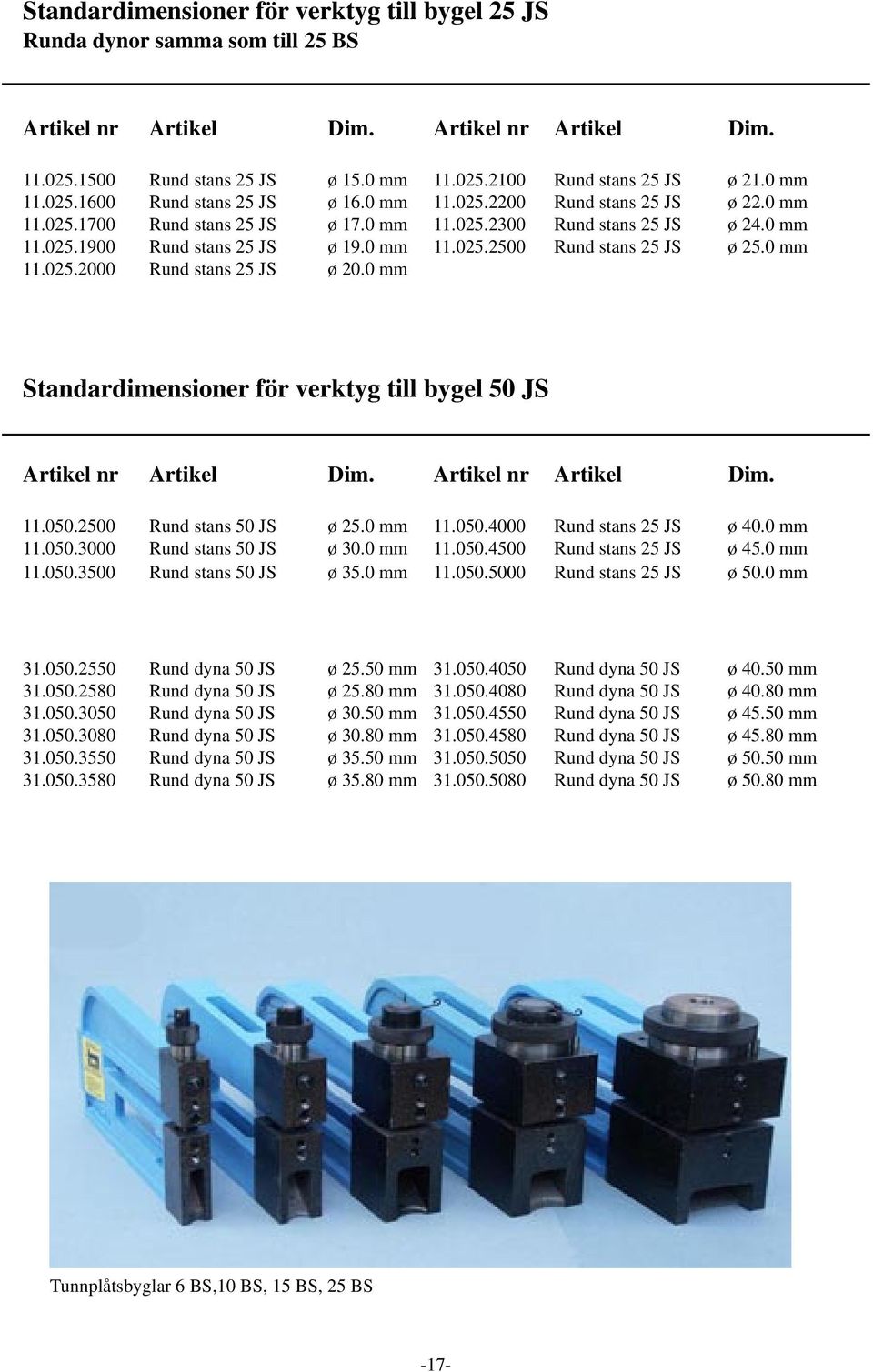 0 mm 11.025.2500 Rund stans 25 JS ø 25.0 mm 11.025.2000 Rund stans 25 JS ø 20.0 mm Standardimensioner för verktyg till bygel 50 JS Artikel nr Artikel Dim. Artikel nr Artikel Dim. 11.050.