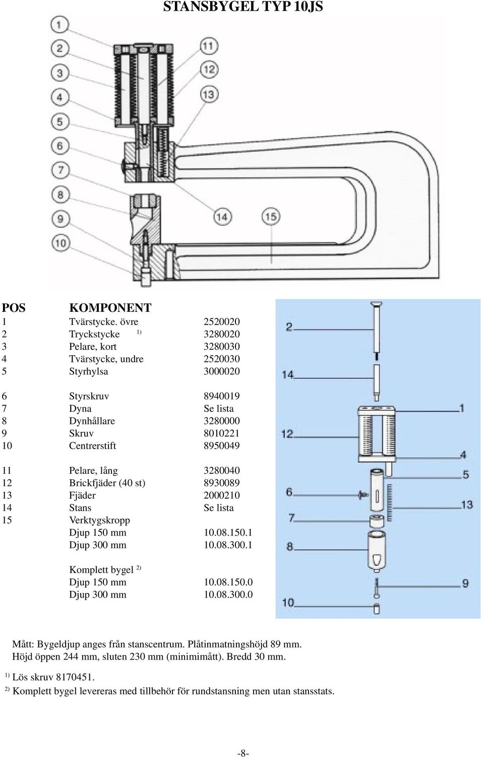 8010221 10 Centrerstift 8950049 11 Pelare, lång 3280040 12 Brickfjäder (40 st) 8930089 13 Fjäder 2000210 14 Stans Se lista 15 Verktygskropp Djup 150 mm 10.08.150.1 Djup 300 mm 10.