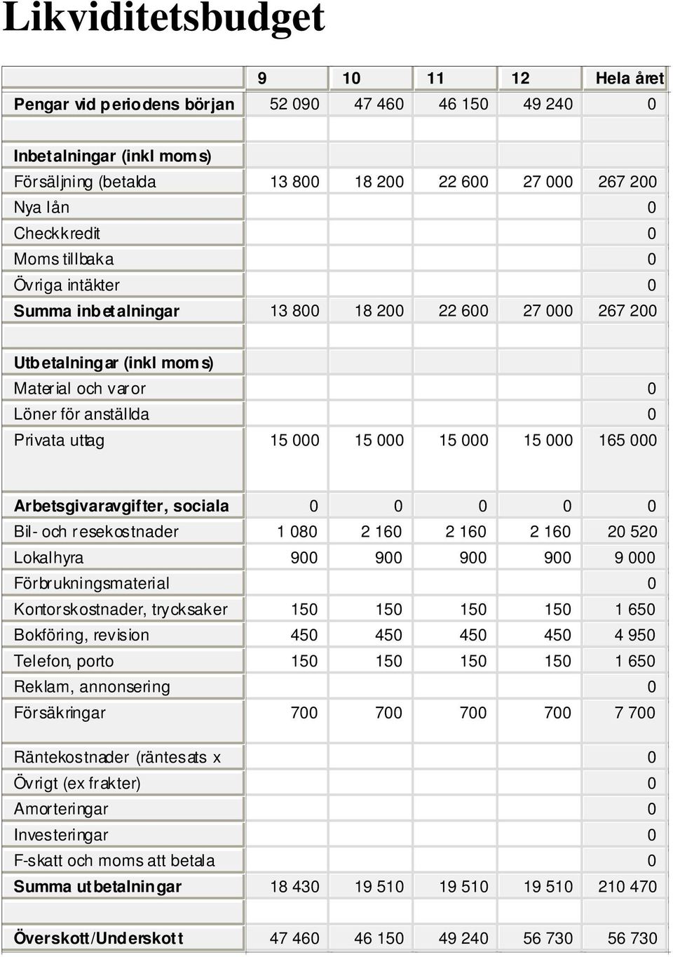 000 15 000 15 000 15 000 165 000 Arbetsgivaravgifter, sociala 0 0 0 0 0 försäkringar, Bil- och resekostnader 1 080 2 160 2 160 2 160 20 520 Lokalhyra 900 900 900 900 9 000