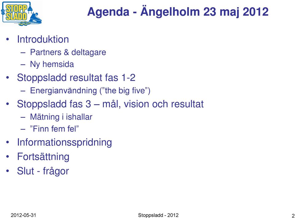 Stoppsladd fas 3 mål, vision och resultat Mätning i ishallar Finn fem
