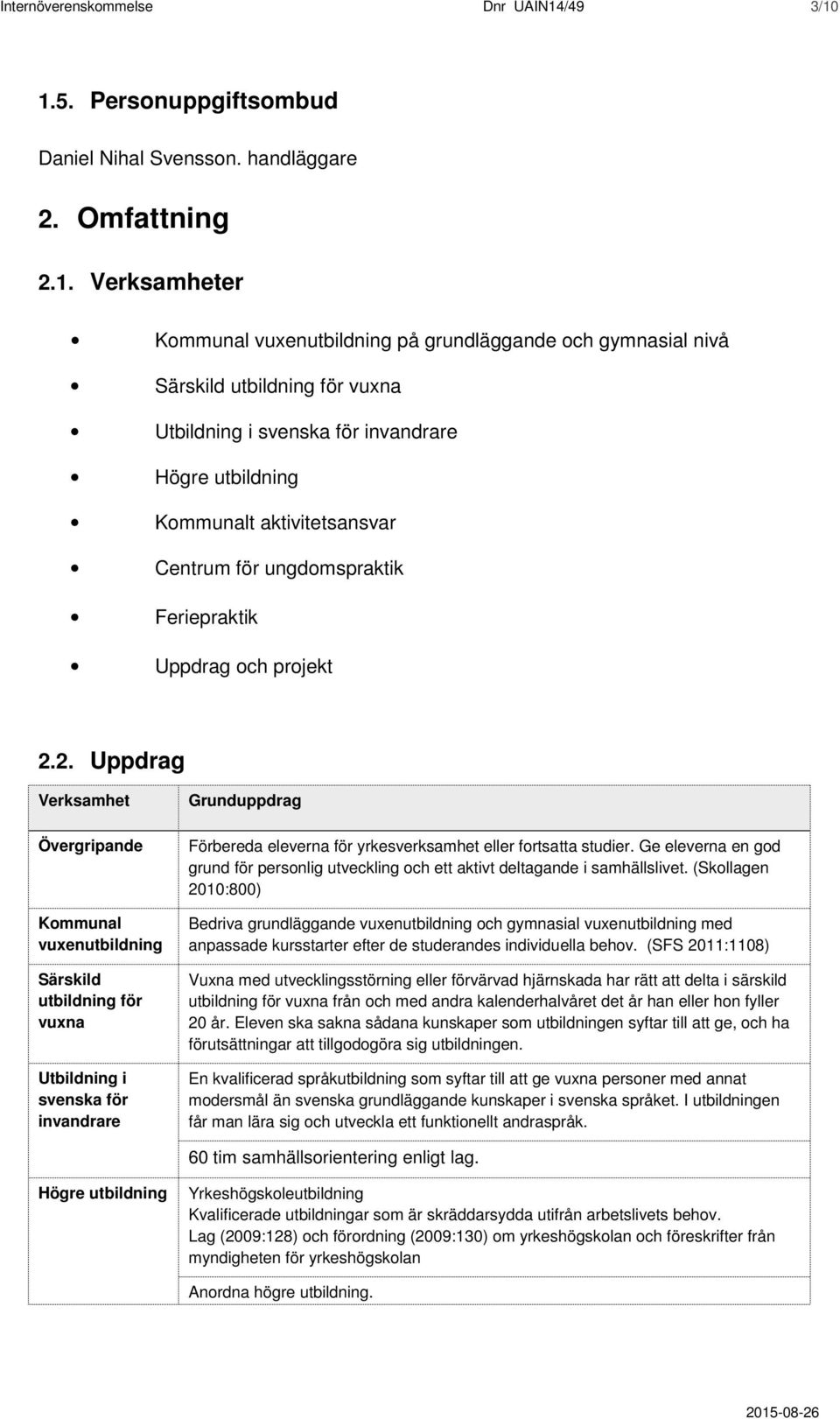 1.5. Personuppgiftsombud Daniel Nihal Svensson. handläggare 2. Omfattning 2.1. Verksamheter Kommunal på grundläggande och gymnasial nivå Särskild utbildning för vuxna Utbildning i svenska för