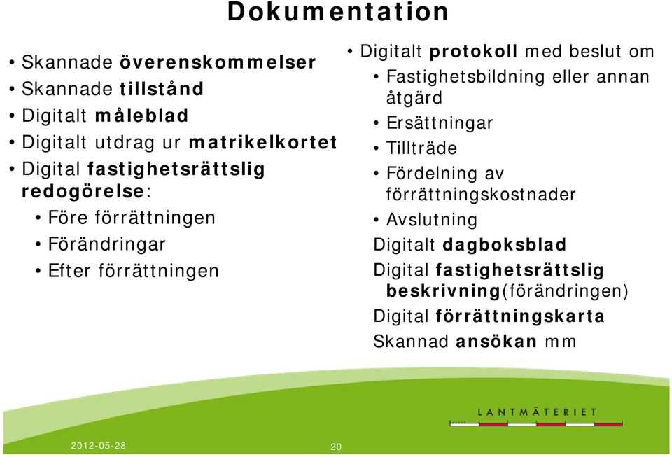 Fastighetsbildning eller annan åtgärd Ersättningar Tillträde Fördelning av förrättningskostnader Avslutning Digitalt