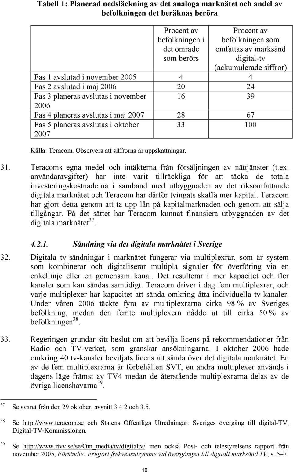 planeras avslutas i oktober 2007 33 100 Källa: Teracom. Observera att siffrorna är uppskattningar. 31. Teracoms egna medel och intäkterna från försäljningen av nättjänster (t.ex.