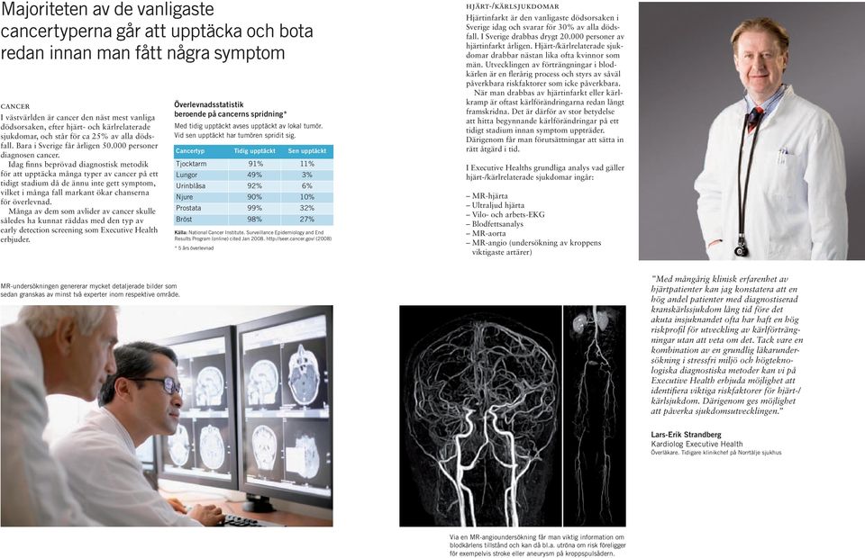 Idag finns beprövad diagnostisk metodik för att upptäcka många typer av cancer på ett tidigt stadium då de ännu inte gett symp tom, vilket i många fall markant ökar chanserna för överlevnad.