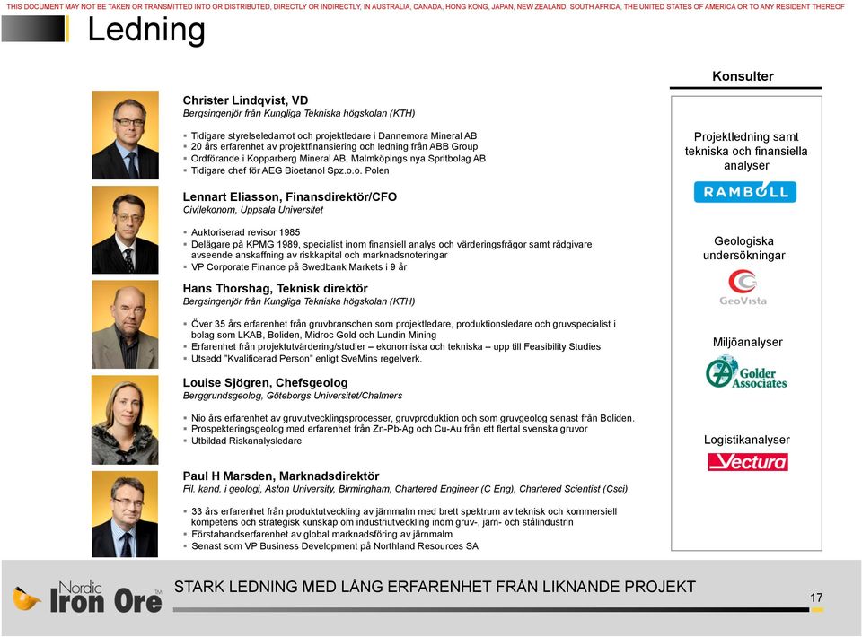 projektfinansiering och ledning från ABB Group Ordförande i Kopparberg Mineral AB, Malmköpings nya Spritbolag AB Tidigare chef för AEG Bioetanol Spz.o.o. Polen Projektledning samt tekniska och
